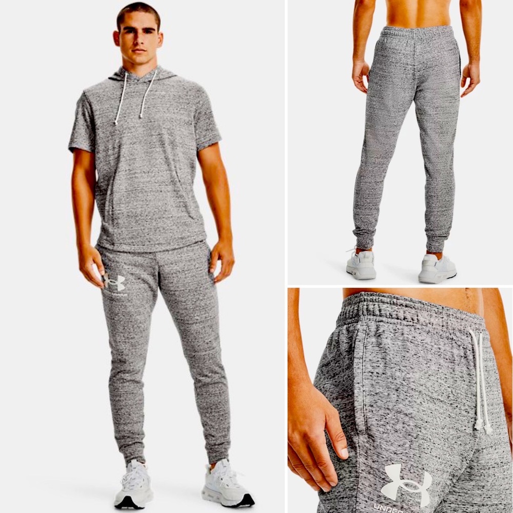 Men’s Under Armour Rival Fitted Terry Joggers in Gray Size Large